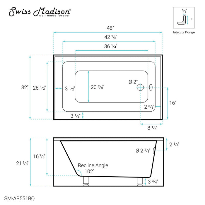 Swiss Madison Voltaire 48" x 32" Right-Hand Drain Alcove Bathtub with Apron in Bisque | SM-AB551BQ