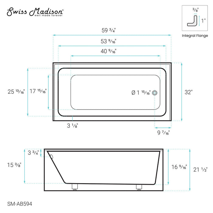 Swiss Madison Voltaire 60" x 32" Right-Hand Drain Alcove Bathtub with Apron | SM-AB594