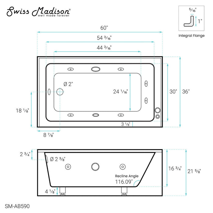 Swiss Madison Avancer 60" x 36" Left-Hand Drain Rectangular Alcove Whirlpool Bathtub with Apron | SM-AB590