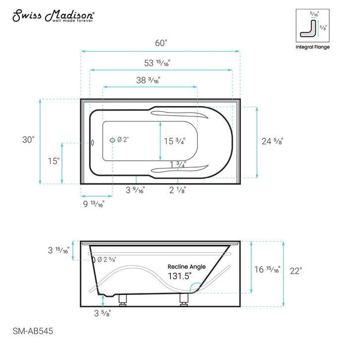 Swiss Madison Ivy 60" x 30" Left-Hand Drain Alcove Bathtub with Apron | SM-AB545