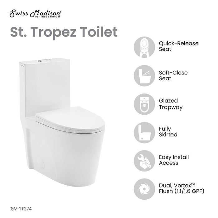 Swiss Madison St. Tropez One Piece Elongated Toilet Dual Vortex Flush 1.1/1.6 gpf with 10" Rough In | SM-1T274