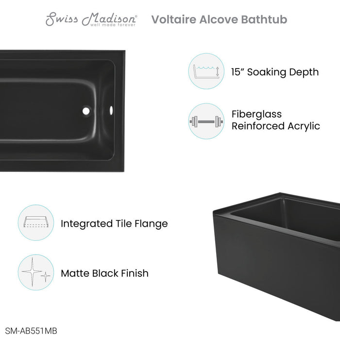 Swiss Madison Voltaire 48" x 32" Right-Hand Drain Alcove Bathtub with Apron in Matte Black | SM-AB551MB