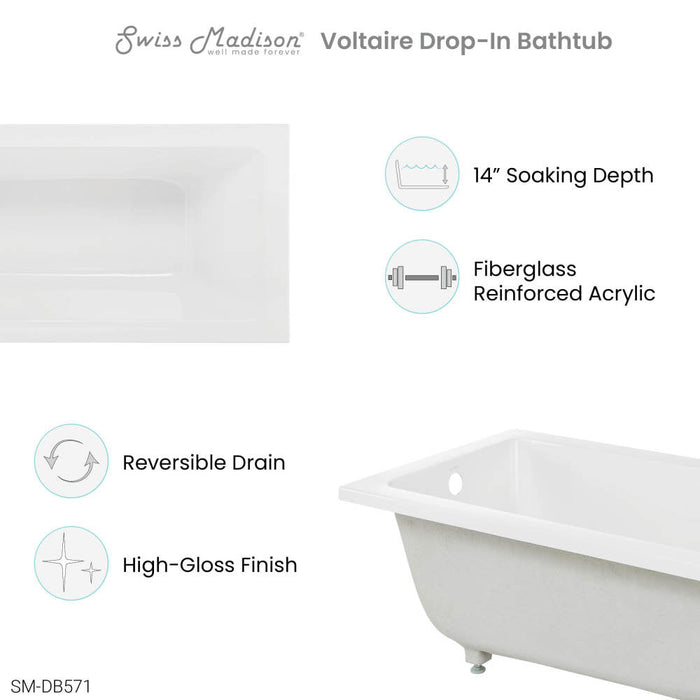 Swiss Madison Voltaire 48" x 32" Reversible Drain Drop-In Bathtub | SM-DB571