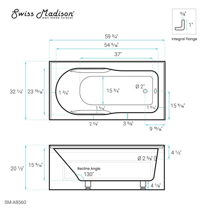 Swiss Madison Concorde 60" x 32" Acrylic Glossy White, Alcove, Integral, Right-Hand Drain, Apron Bathtub | SM-AB560