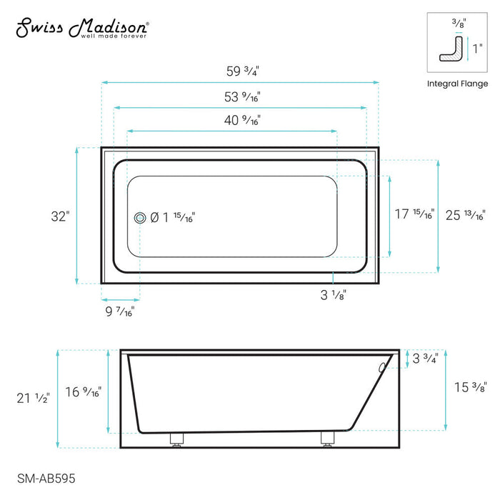 Swiss Madison Voltaire 60" x 32" Left-Hand Drain Alcove Bathtub with Apron | SM-AB595