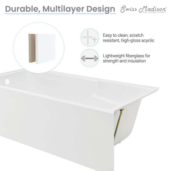 Swiss Madison Voltaire 72" x 36" Left-Hand Drain Alcove Bathtub with Apron and Armrest | SM-AB556