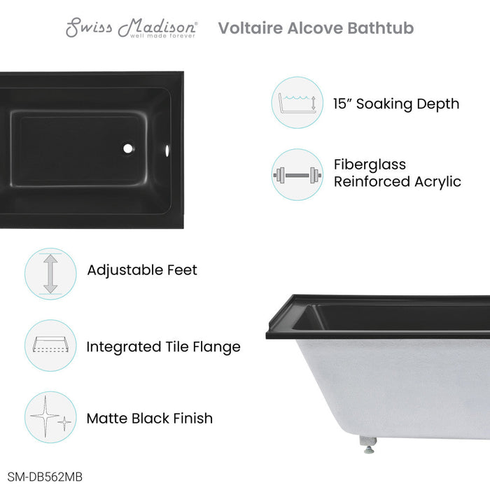 Swiss Madison Voltaire 48" x 32" Right-Hand Drain Alcove Bathtub in Matte Black | SM-DB562MB