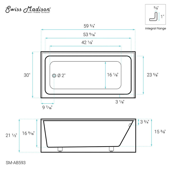 Swiss Madison Voltaire 60" x 30" Left-Hand Drain Alcove Bathtub with Apron | SM-AB593