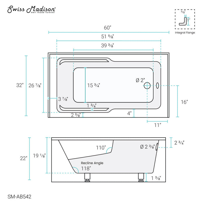 Swiss Madison Voltaire 60" x 32" Right-Hand Drain Alcove Bathtub with Apron and Armrest | SM-AB542