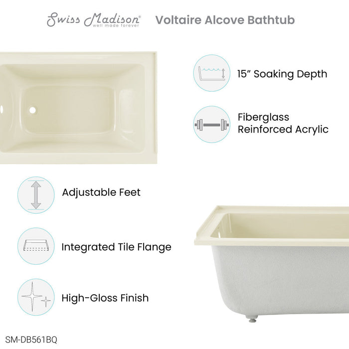 Swiss Madison Voltaire 48" x 32" Left-Hand Drain Alcove Bathtub in Bisque | SM-DB561BQ