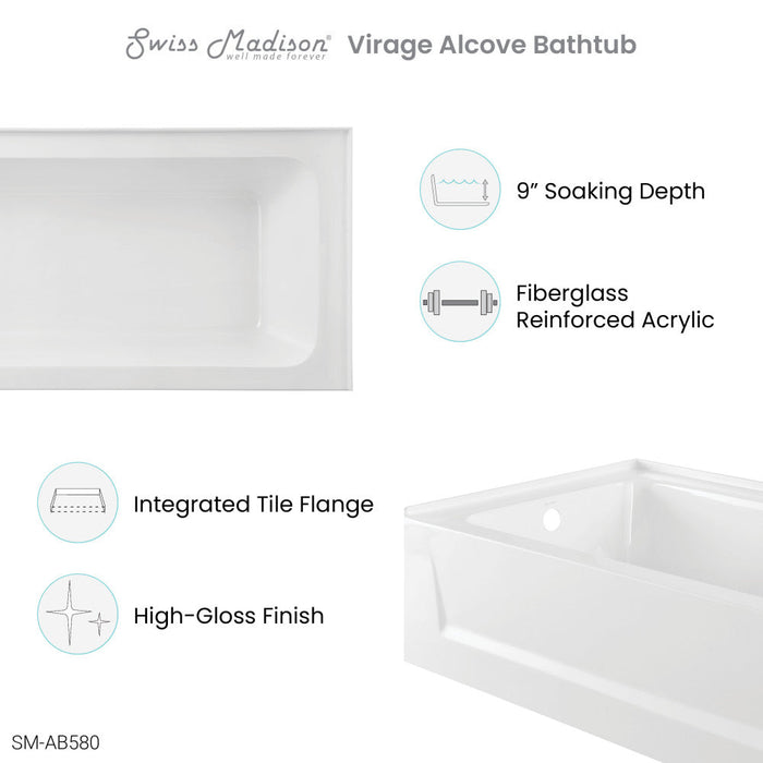 Swiss Madison Virage 60" x 30" Left-Hand Drain Alcove Bathtub with Apron | SM-AB580