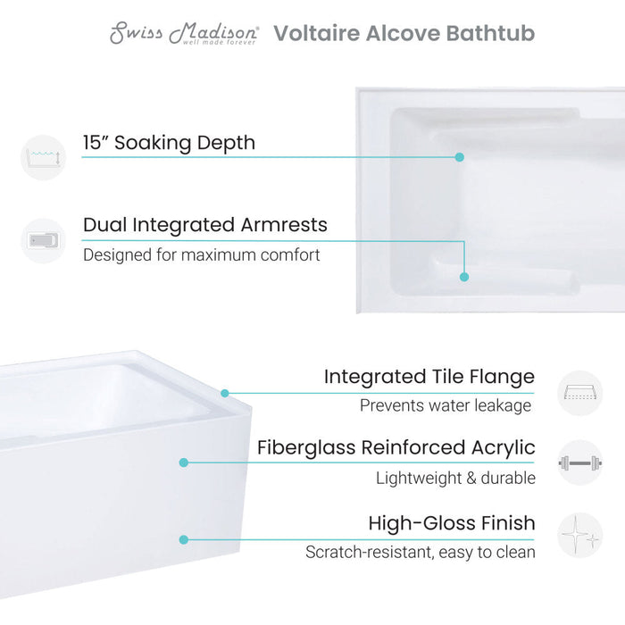 Swiss Madison Voltaire 60" x 32" Left-Hand Drain Alcove Bathtub with Apron and Armrest | SM-AB543