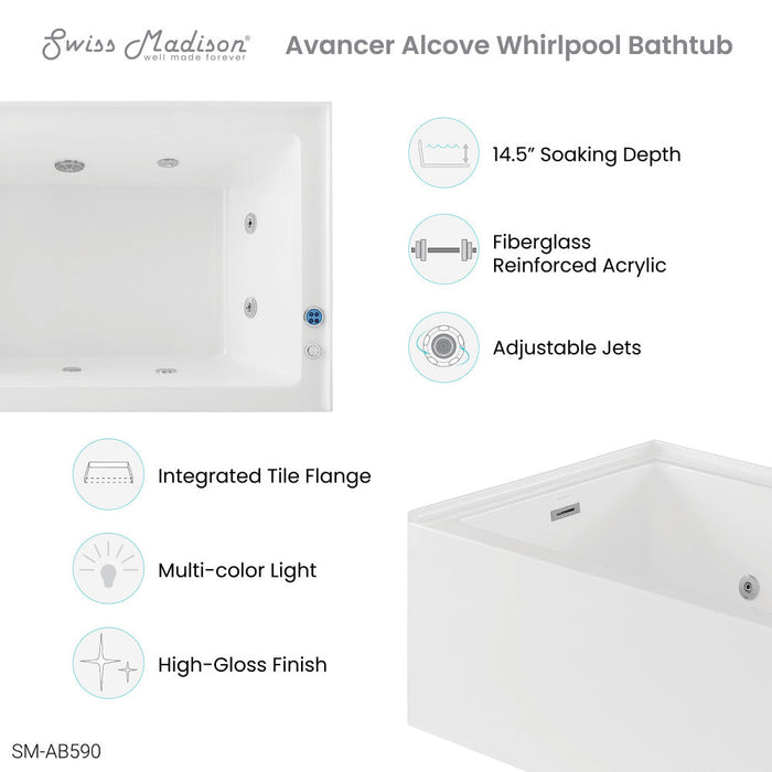 Swiss Madison Avancer 60" x 36" Left-Hand Drain Rectangular Alcove Whirlpool Bathtub with Apron | SM-AB590