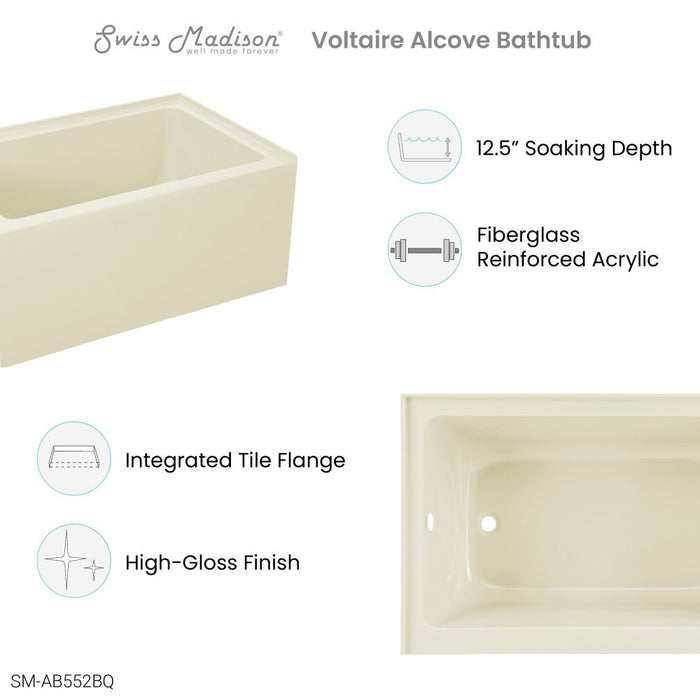Swiss Madison Voltaire 48" x 32" Left-Hand Drain Alcove Bathtub with Apron in Bisque | SM-AB552BQ