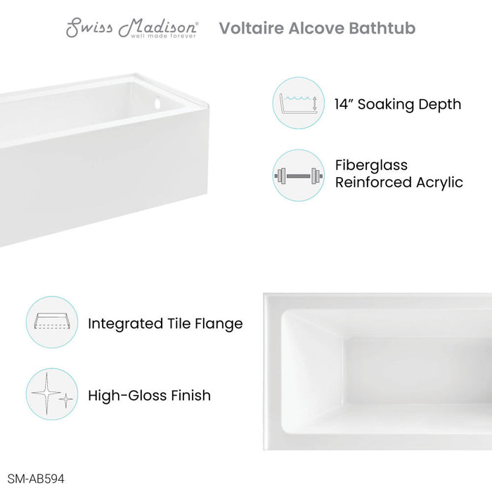 Swiss Madison Voltaire 60" x 32" Right-Hand Drain Alcove Bathtub with Apron | SM-AB594