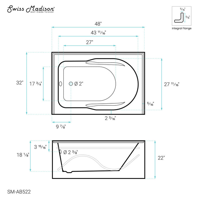 Swiss Madison Ivy 48'' x 32" Bathtub with Apron Left Hand Drain in White | SM-AB522