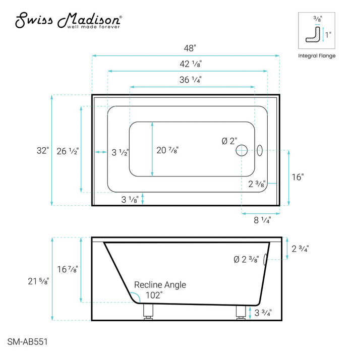 Swiss Madison Voltaire 48" x 32" Right-Hand Drain Alcove Bathtub with Apron | SM-AB551