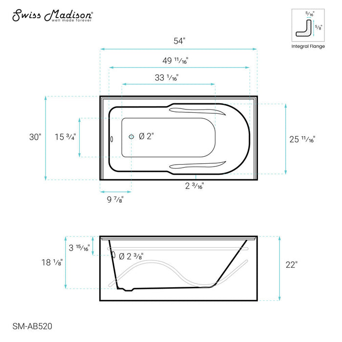 Swiss Madison Ivy 54'' x 30" Bathtub with Apron Left Hand Drain in White | SM-AB520