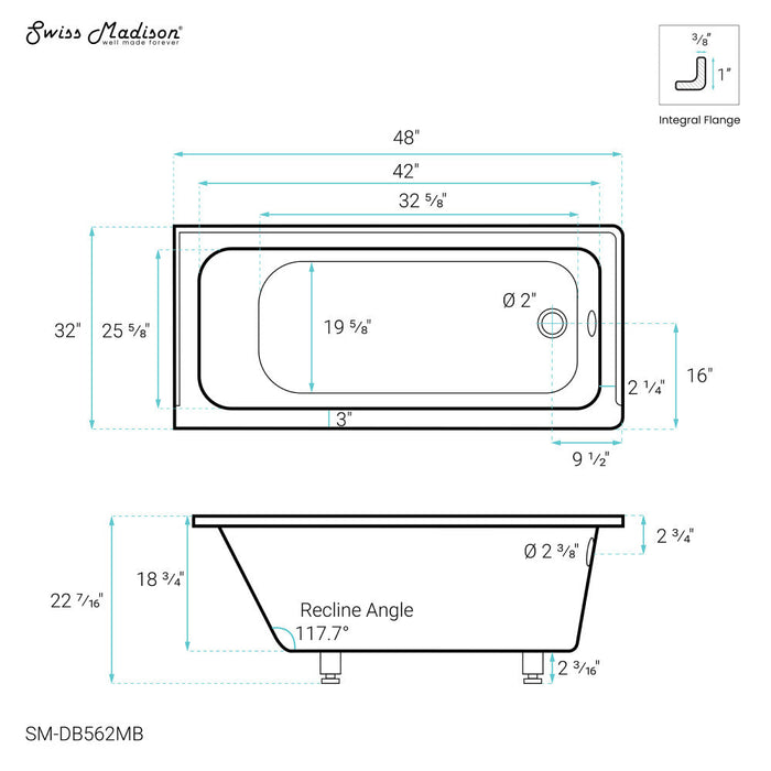 Swiss Madison Voltaire 48" x 32" Right-Hand Drain Alcove Bathtub in Matte Black | SM-DB562MB