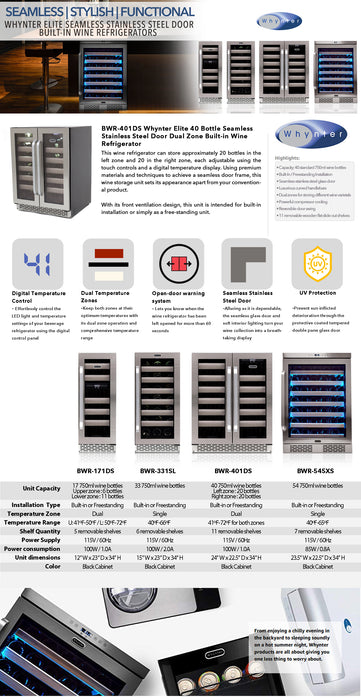Whynter Elite 40 Bottle Seamless Stainless Steel Door Dual Zone Built-in Wine Refrigerator | BWR-401DS