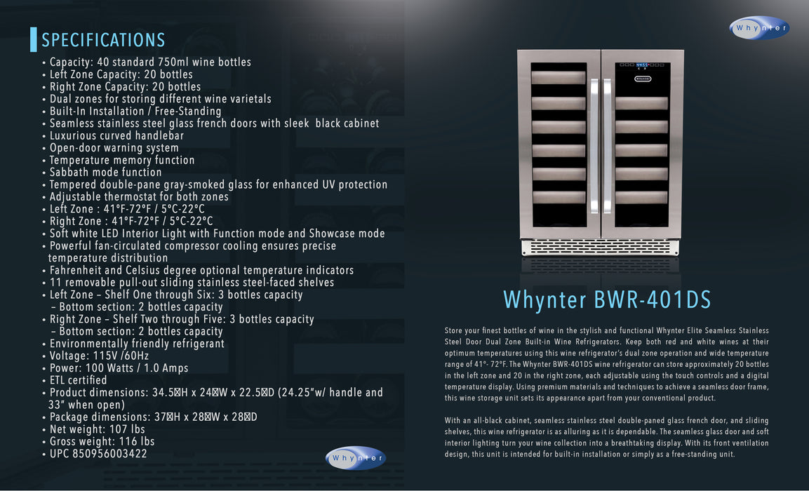 Whynter Elite 40 Bottle Seamless Stainless Steel Door Dual Zone Built-in Wine Refrigerator | BWR-401DS