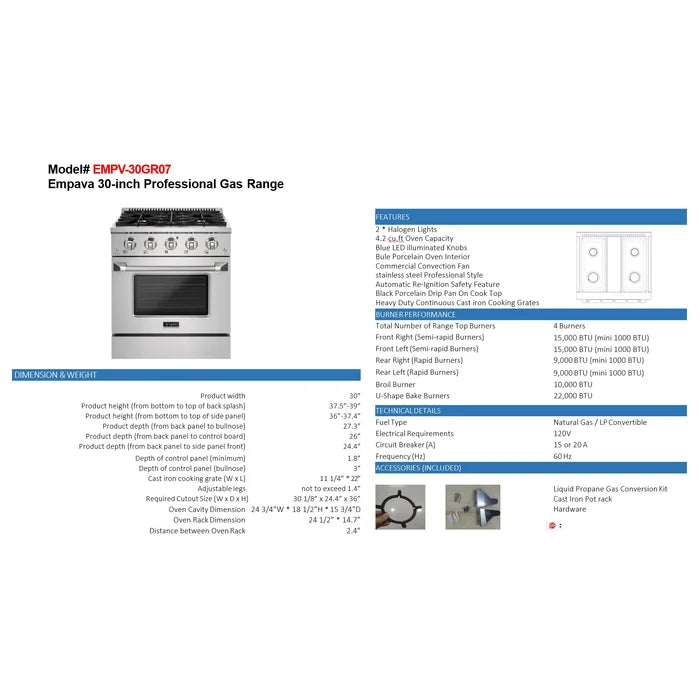 Empava 30 in. Pro-Style Slide-In Single Oven Gas Range 4.2-cu.ft with 4 Burners | EMPV-30GR07