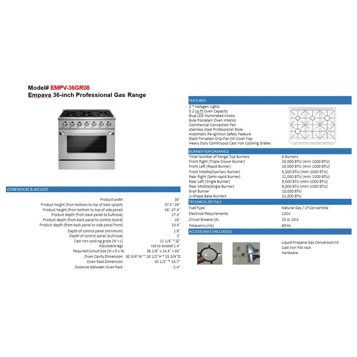 Empava 36 in. Pro-Style Slide-In Single Oven Gas Range 5.2-cu.ft with 6 Burners | EMPV-36GR08