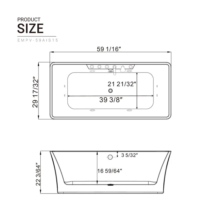 Empava 59 in. Freestanding Rectangle Whirlpool Bathtub | EMPV-59AIS15