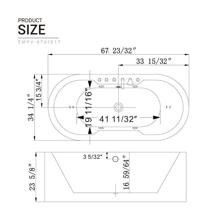 Empava 67 in. Freestanding Oval Whirlpool Bathtub | EMPV-67AIS17