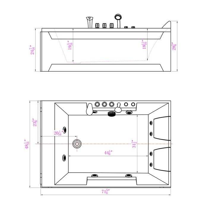 Empava 72 in. Alcove Whirlpool 2 Person Rectangular Bathtub with LED Lights | EMPV-72JT367LED