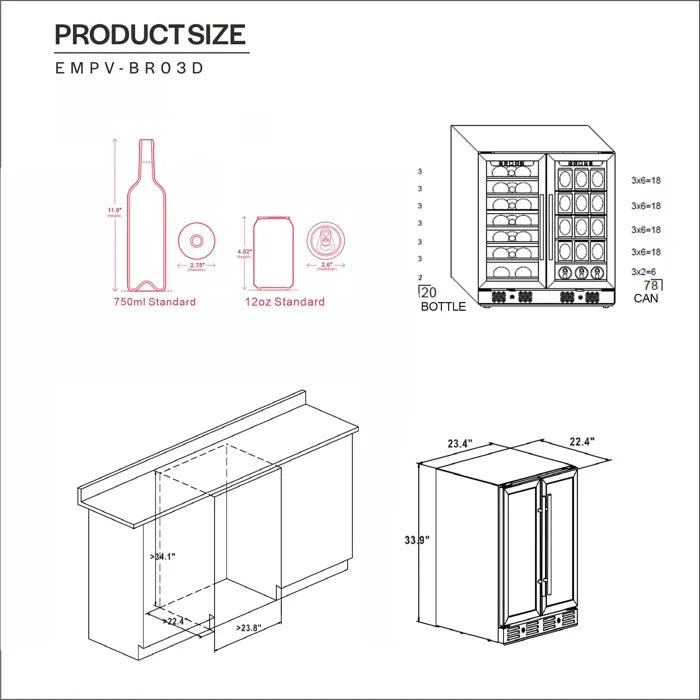 Empava 24 in. 20 Bottle and 78 Can Dual Zone Wine Cooler & Beverage Fridge | EMPV-BR03D