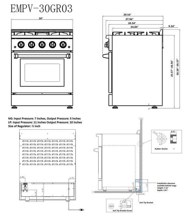 Empava 30 in. Freestanding Range Gas Cooktop And Oven 4.2-cu.ft with 4 Burners | EMPV-30GR03