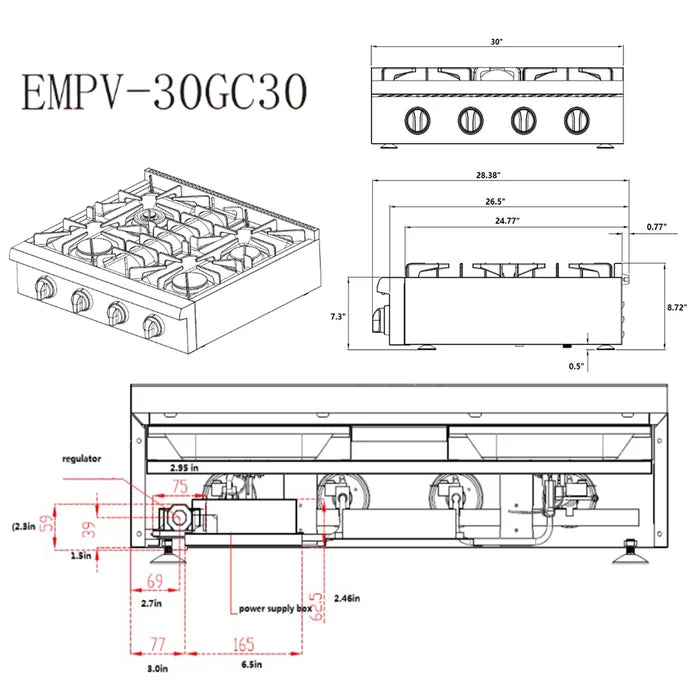 Empava 30 in. Pro-style Built-in Slide-in Gas Cooktop with 4 Burners | EMPV-30GC30