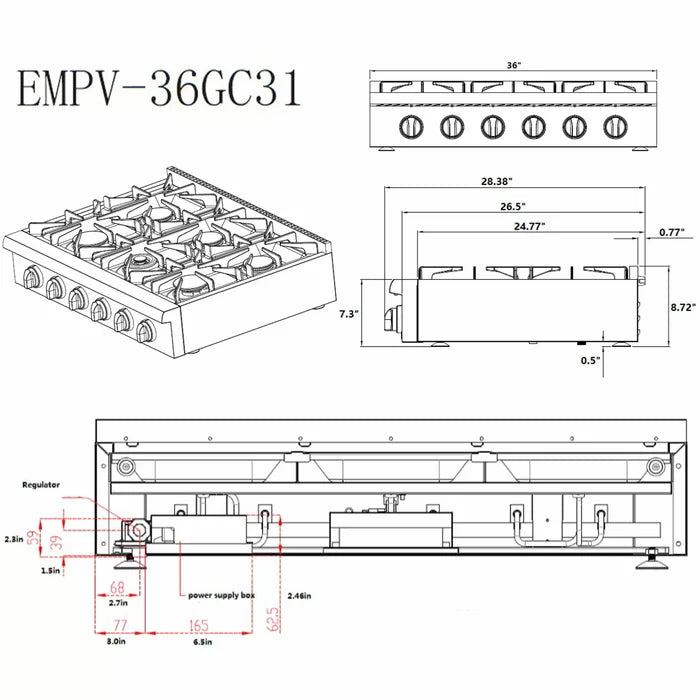 Empava 36 in. Pro-style Built-in Slide-in Gas Cooktops with 6 Burners | EMPV-36GC31