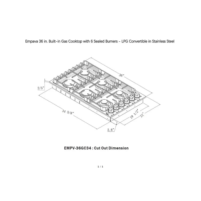 Empava 36 in. Built-in Stainless Steel Gas Cooktop with 6 Burners | EMPV-36GC34