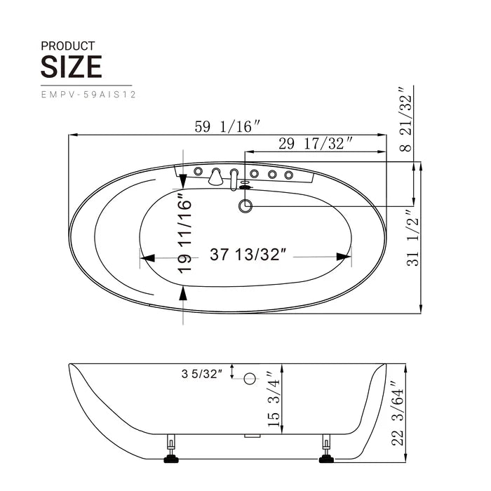 Empava 59 in. Freestanding Oval Whirlpool Bathtub | EMPV-59AIS12