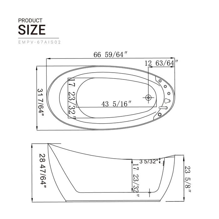 Empava 67 in. Freestanding Whirlpool 2 Person Bathtub | EMPV-67AIS02