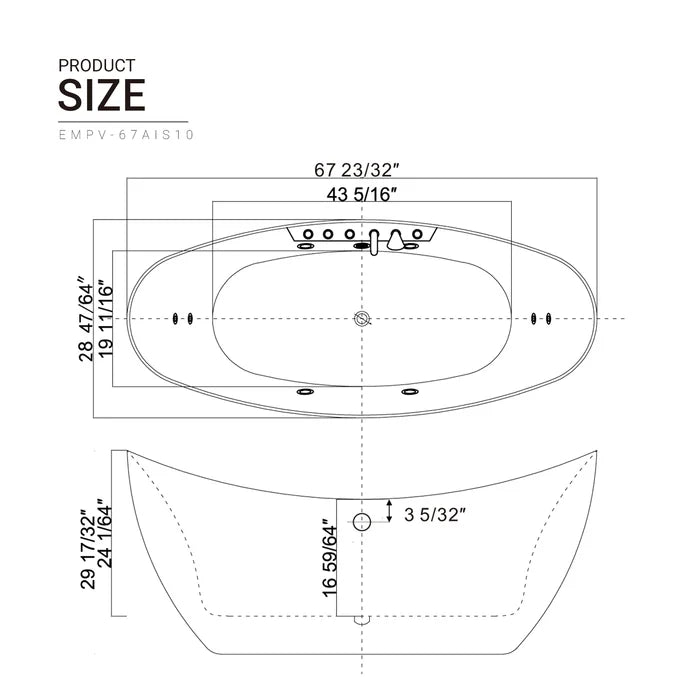 Empava 67 in. Hydromassage Freestanding Whirlpool Bathtub | EMPV-67AIS10