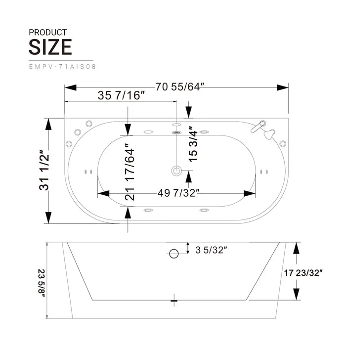 Empava 71 in. Freestanding Oval Whirlpool Alcove Bathtub | EMPV-71AIS08