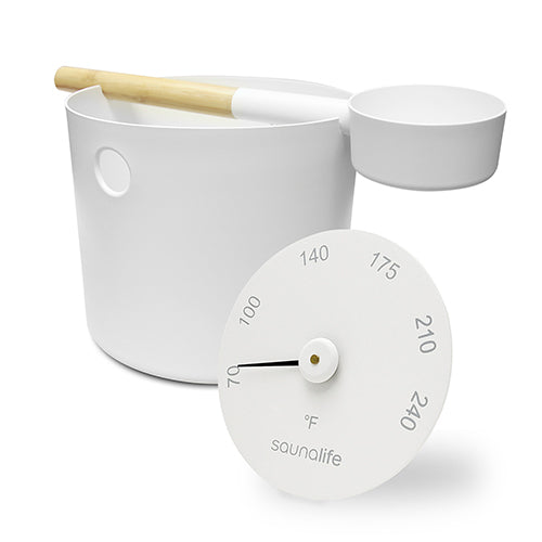 SaunaLife Aluminum 1-Gallon Sauna Bucket Set with Wood Ladle and Thermometer, Accessory Package 6