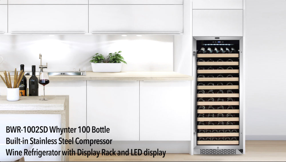 Whynter BWR-1002SD/BWR-1002SDa 24" 100 Bottle Large Capacity Built-in Stainless Steel Compressor Wine Refrigerator with Display Rack and LED display