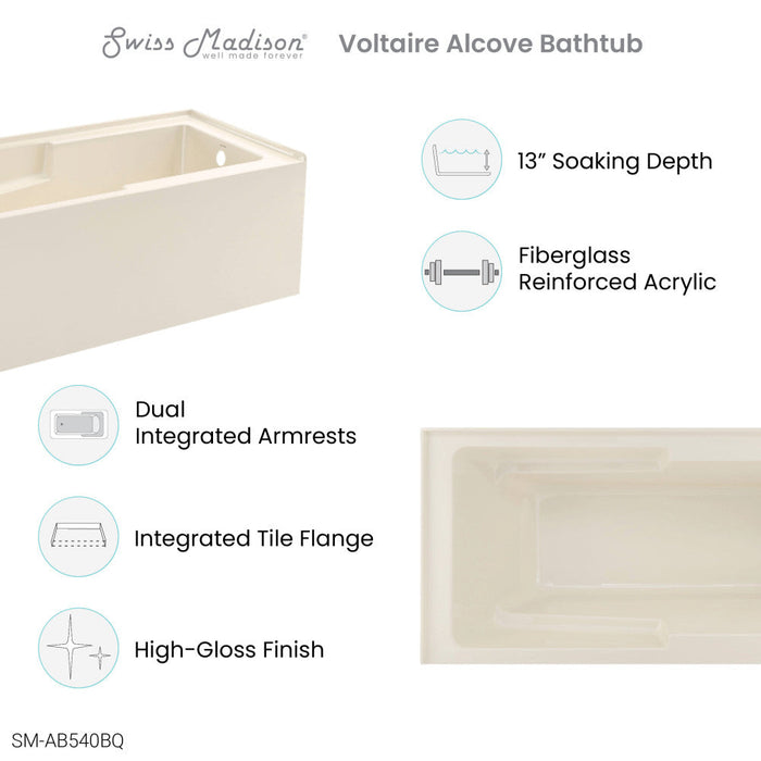 Swiss Madison Voltaire 60" x 30" Right-Hand Drain Alcove Bathtub with Apron in Bisque | SM-AB540BQ