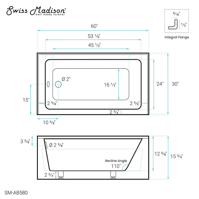 Swiss Madison Virage 60" x 30" Left-Hand Drain Alcove Bathtub with Apron | SM-AB580