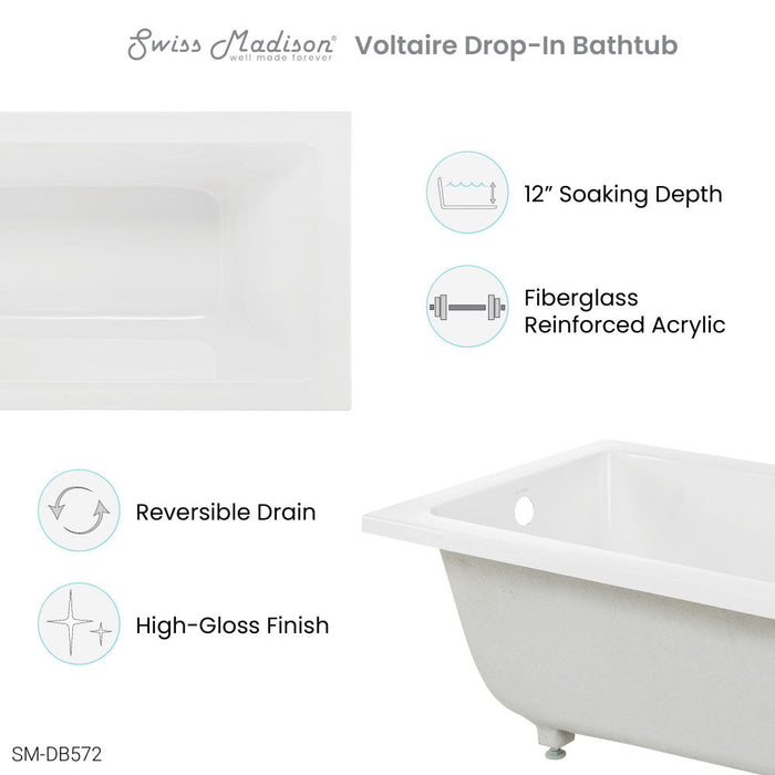 Swiss Madison Voltaire 54" x 30" Reversible Drain Drop-In Bathtub | SM-DB572