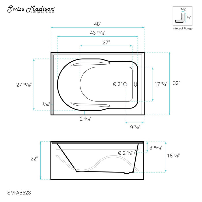 Swiss Madison Ivy 48'' x 32" Bathtub with Apron Right Hand Drain in White | SM-AB523