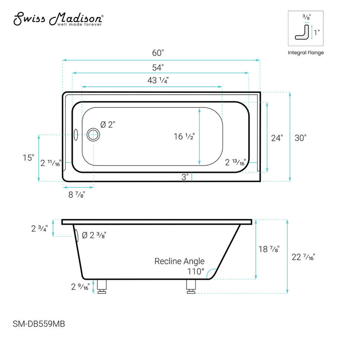 Swiss Madison Voltaire 60" x 30" Left-Hand Drain Alcove Bathtub in Matte Black | SM-DB559MB