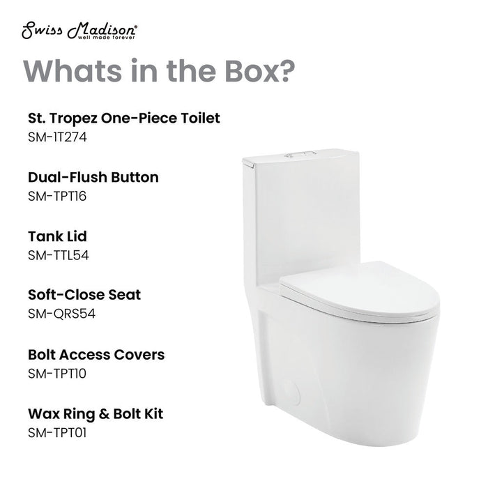 Swiss Madison St. Tropez One Piece Elongated Toilet Dual Vortex Flush 1.1/1.6 gpf with 10" Rough In | SM-1T274