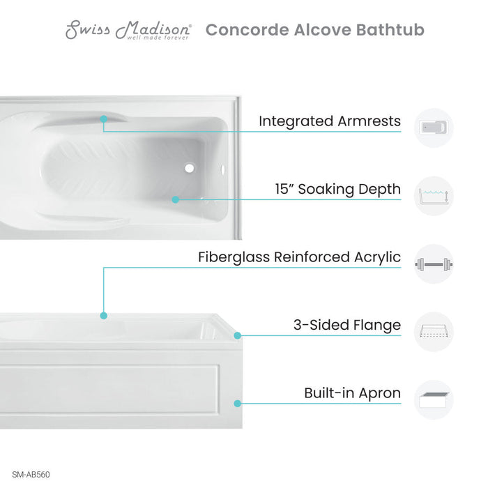 Swiss Madison Concorde 60" x 32" Acrylic Glossy White, Alcove, Integral, Right-Hand Drain, Apron Bathtub | SM-AB560