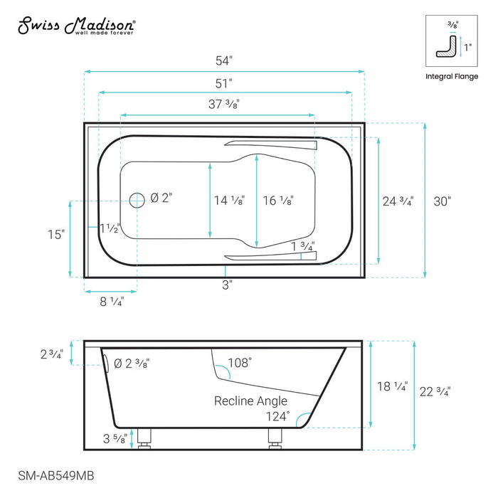 Swiss Madison Voltaire 54" x 30" Left-Hand Drain Alcove Bathtub with Apron in Matte Black | SM-AB549MB