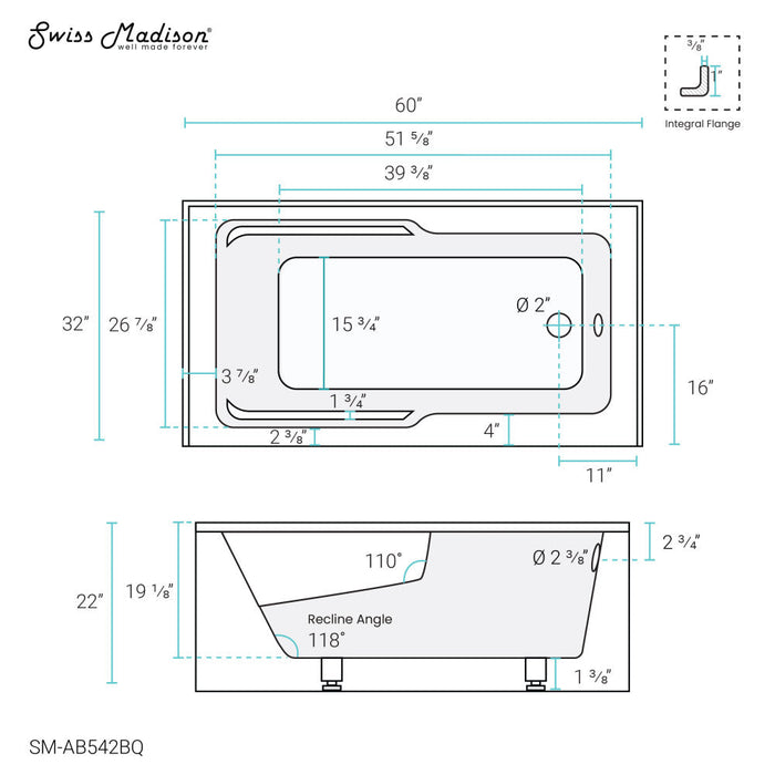 Swiss Madison Voltaire 60" x 32" Right-Hand Drain Alcove Bathtub with Apron in Bisque | SM-AB542BQ